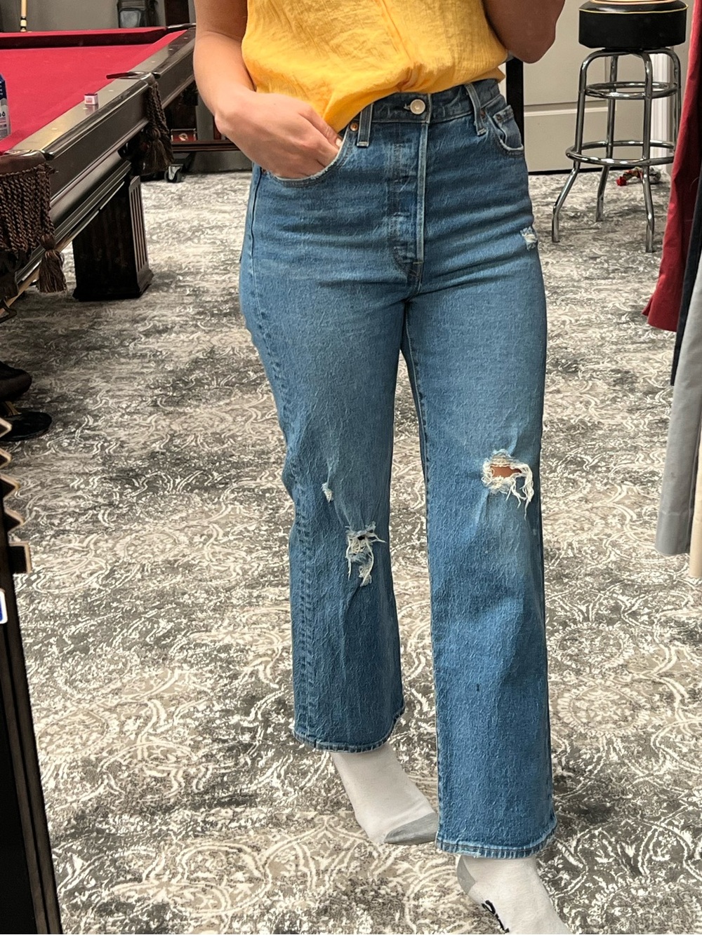 Levi's Blue High-Rise Flare Jeans with Distressed Knees